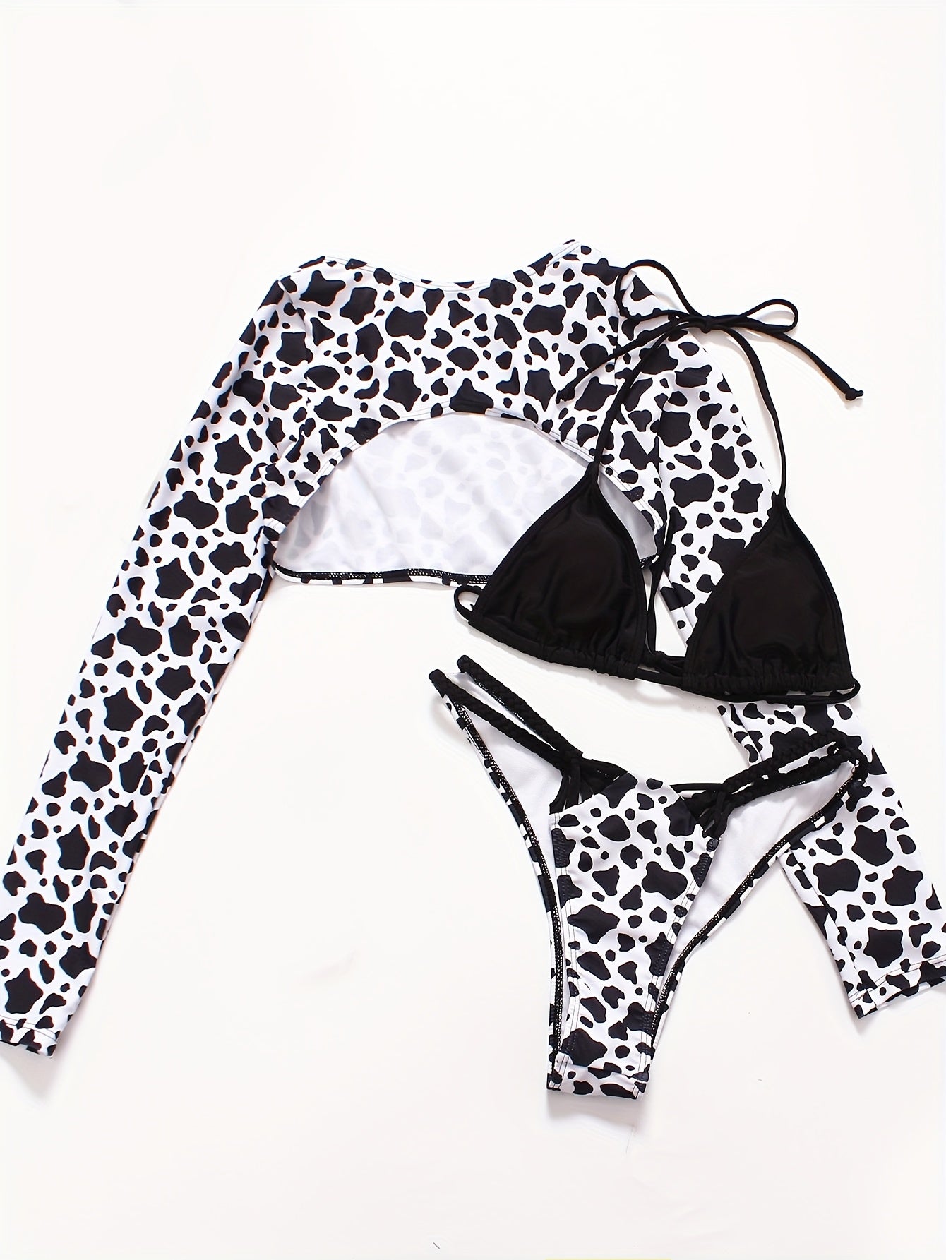 2025 New Women'S Three-Piece Swimsuit Set with Long Sleeves, White Leopard Print, Sun Protection, And Sexy Handmade Braided Tie.