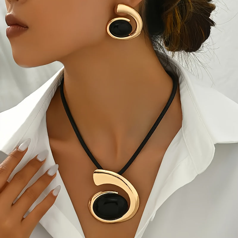 1 Set Boho Simple 14K Golden Plated Geometric Pendant Necklace and Earrings Set, Iron Material with Plastic Inlay, Daily Wear Jewelry for Women