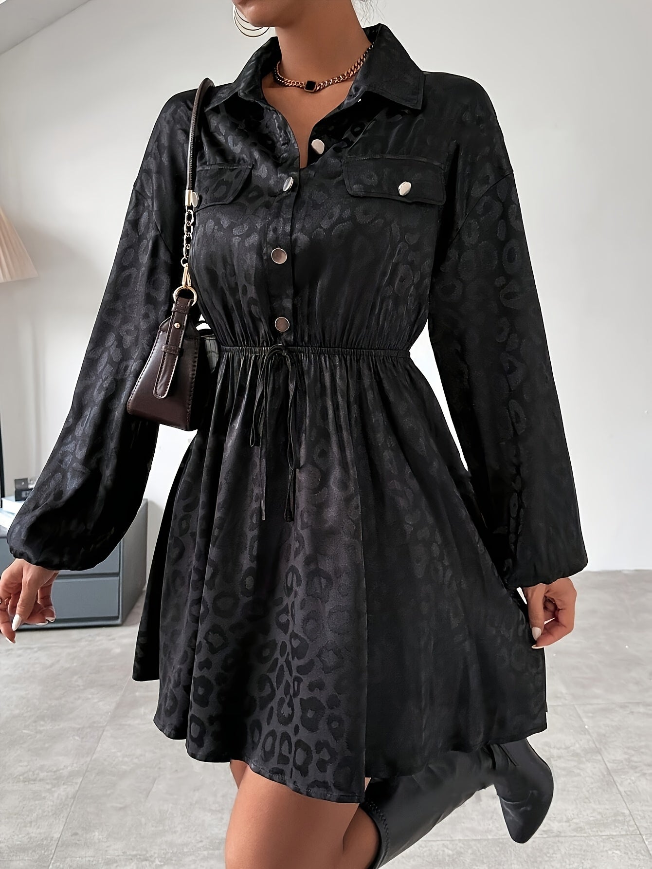 Elegant Women's A-Line Dress - Long Sleeve, Button-Up Collar, Non-Sheer Solid Black with Chain Belt Detail (Belt Not Included) - Machine Washable, All-Season Fashion for Adults