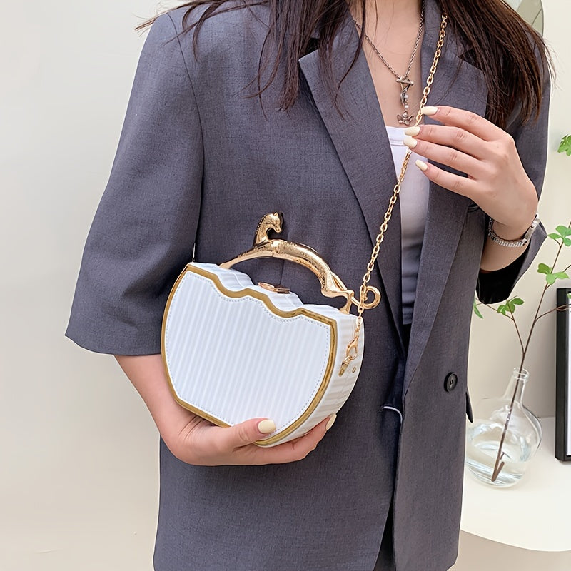 Stylish White Clip-On Bag with Golden Chain Strap - Elegant Kiss Lock Design, Detachable Shoulder Strap, Perfect for Everyday Use
