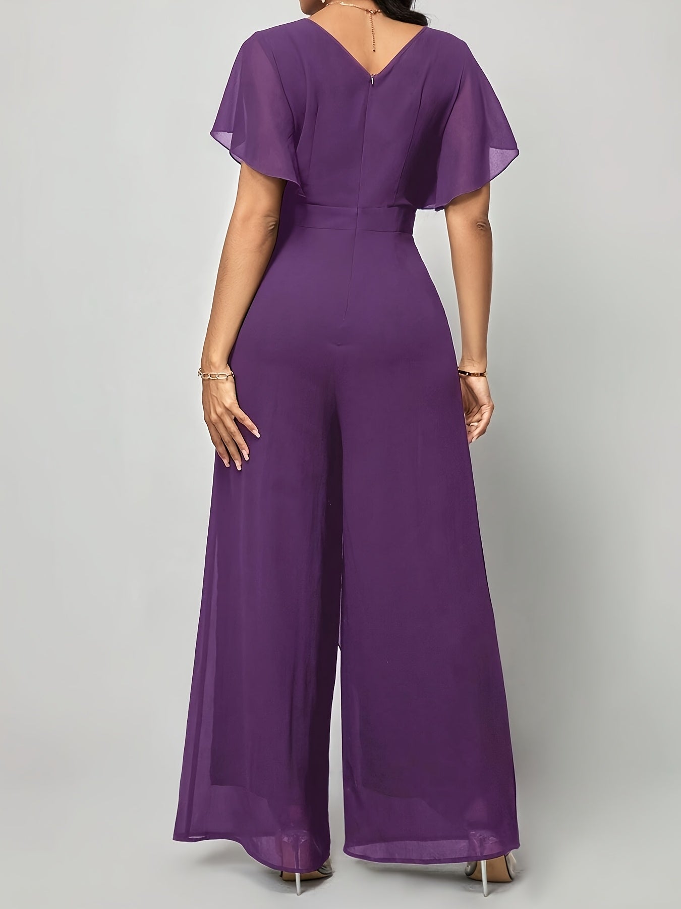 Elegant Green V-Neck Jumpsuit for Women - Solid Color, Wide Leg with Ruffle Sleeves & Tie Waist, Lightweight Polyester, Machine Washable - Perfect for Spring & Summer