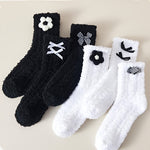 6 Pairs Women's Coral Fleece Socks, Soft Fluffy Floral Pattern, 100% Polyester Knit Fabric, Hand Washable, Autumn and Winter Casual Slippers, Cute Socks