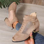 [Chunky Heel Black Mesh Boots] Elegant Black Mesh Peep-Toe Ankle Boots with Chunky Heel - Stylish Back Zipper Design, Breathable & Comfortable Women's High Heels for All Seasons, Stylish Office Shoes|Zipper Closure Boots|Slee