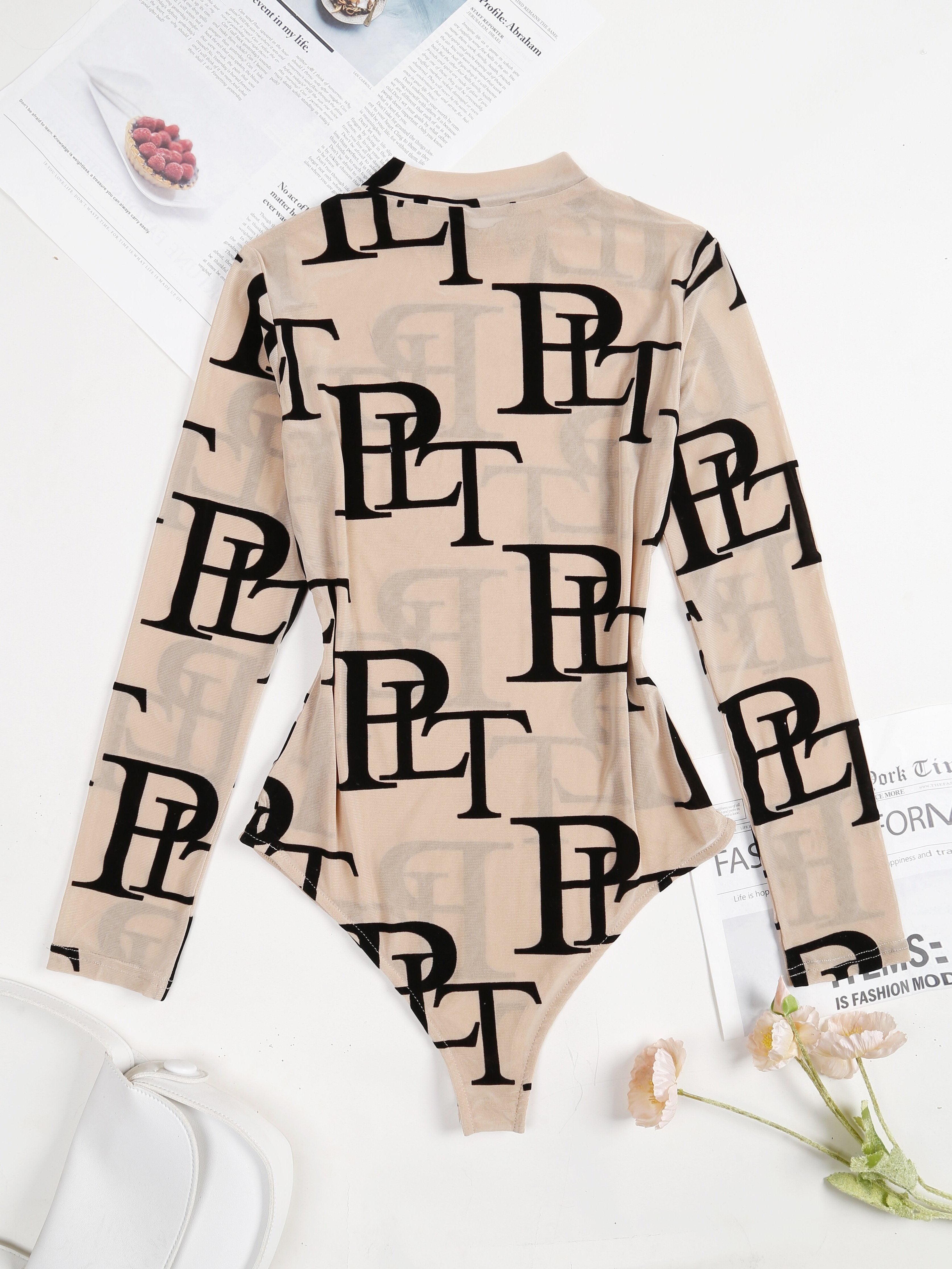 Letter Print Crew Neck Bodysuit, YOUNG Long Sleeve Mesh One Piece Bodysuit, Women's Clothing