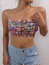Colorful Beaded Chain-Linked Halter Neck Crop Top for Women, Metallic Composition, Off the Shoulder Vacation Style, Solid Color with Beaded Detailing, All-Season Knit Fabric