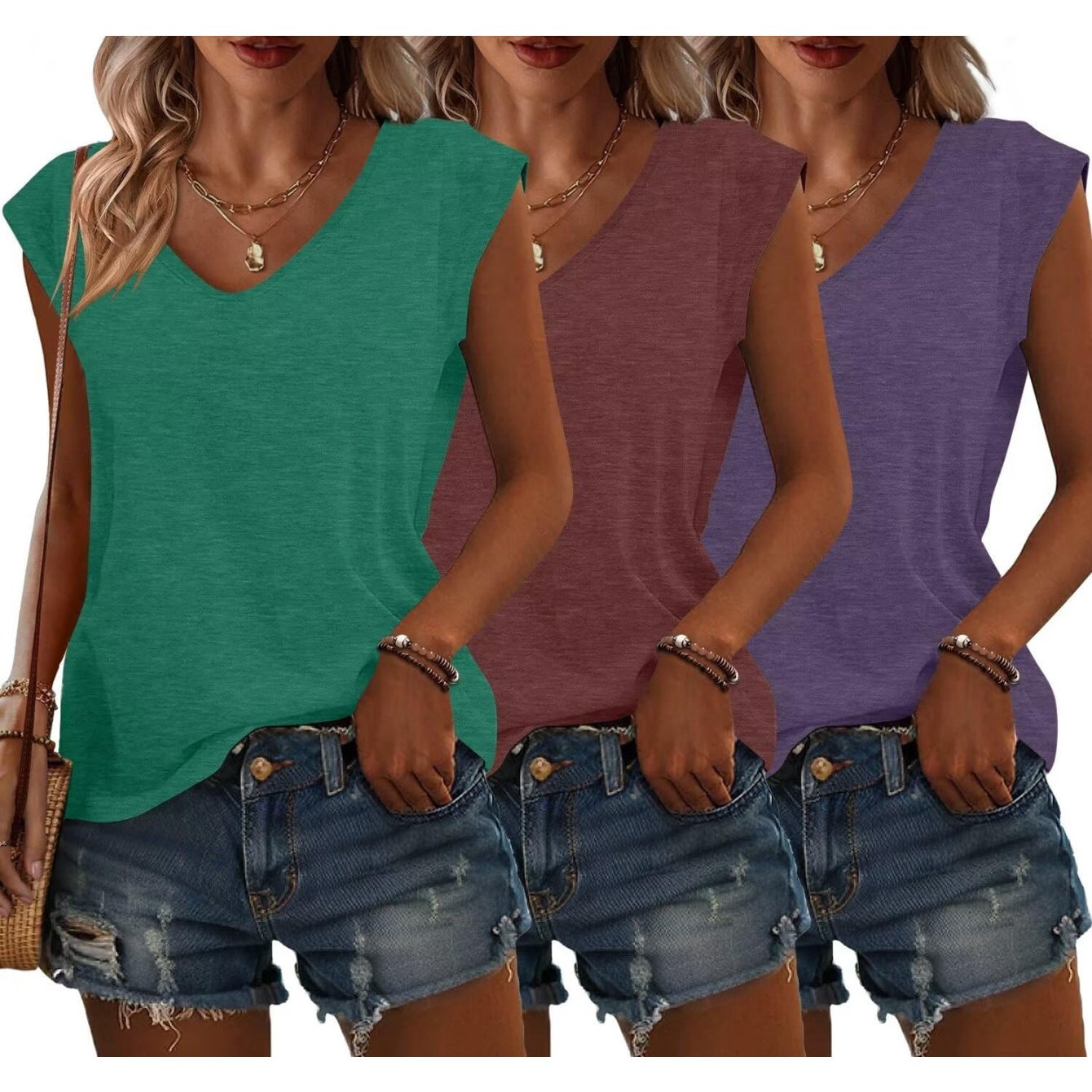 Bliwov 3 Pack Women's Cap Sleeve Tank Tops U Neck Spring Summer Tops Casual Loose Fit Basic Tee Shirts 2024 Fashion Clothes