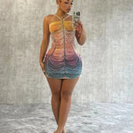 Women'S Vibrant Tie-Dye Mini Dress with Sparkling Embellishments - Casual Spaghetti Strap Bodycon Dress for Spring/Summer, Casual Attire|Vibrant Print Dress|Spaghetti Strap Top, Plus Size Dress