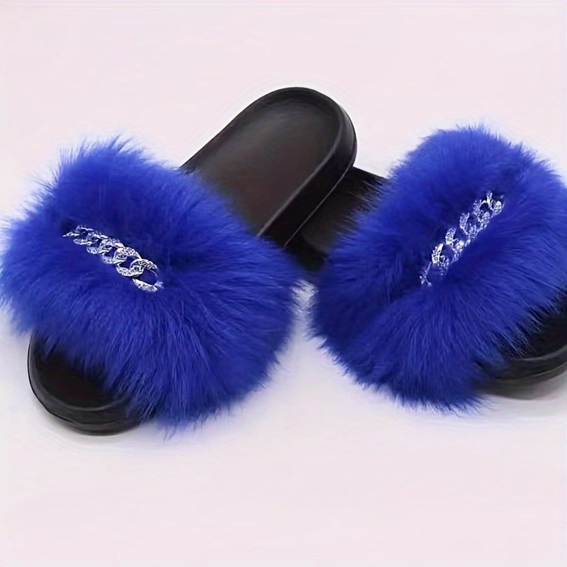 Women's Faux Fur Slip-On Sandals - Open-Toe Summer Slide Shoes with Back Strap, Plush Comfort & Elegant Design for Casual Outings, Beach, Lounging
