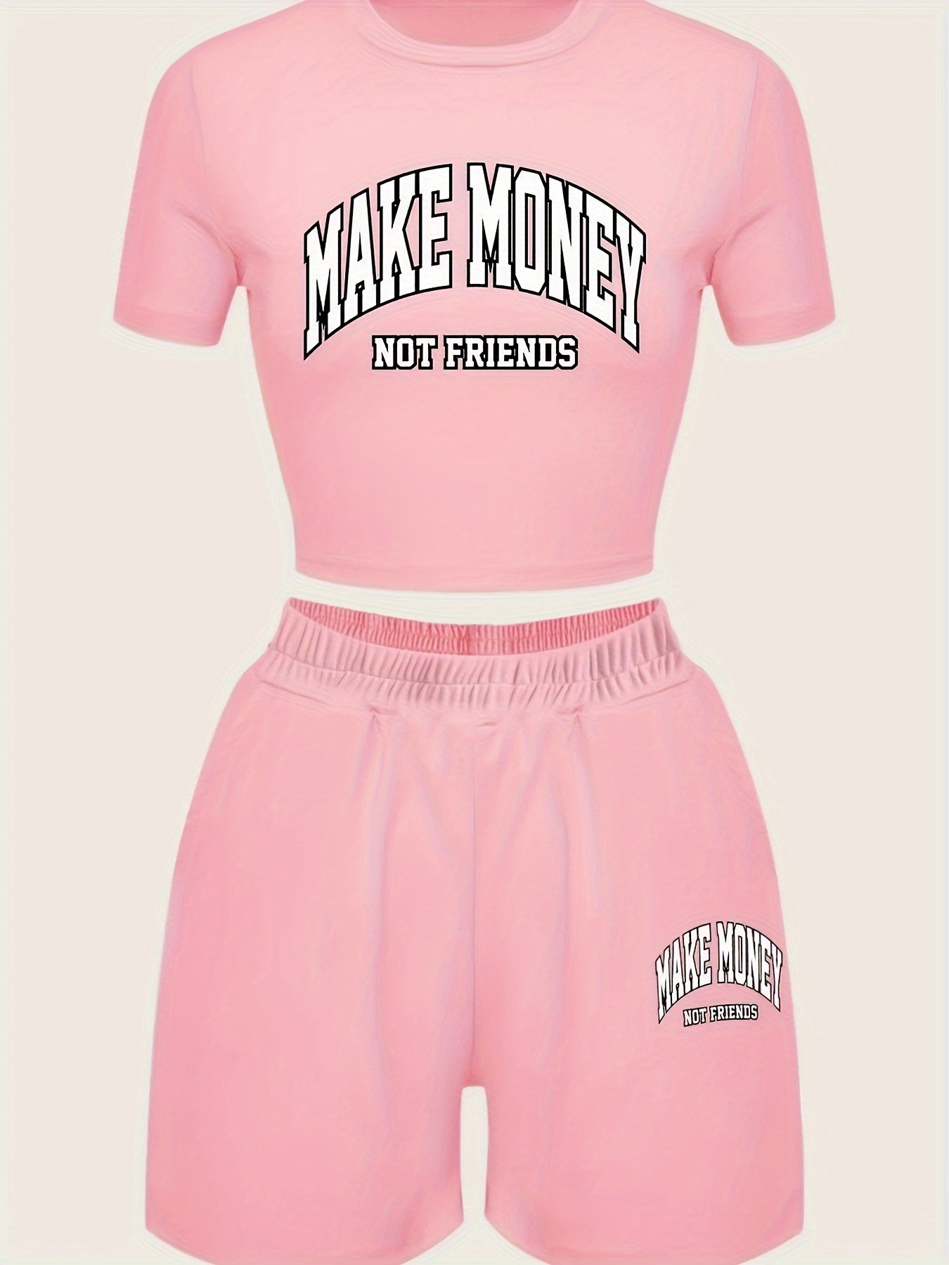 [Two-piece Make Money Print Set] Make Money Print T-shirt & Shorts Two-piece Set, Cropped Short Sleeve T-shirt & Elastic Waist Loose Shorts Set, Women's Clothing