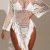 Women'S White Crochet Swimsuit Cover-Up with Fringe Detail - Long Sleeve Beach Cover-Up for Summer Vacation, Vacation Coverup|Trendy Swimsuit|Fringe Coverup