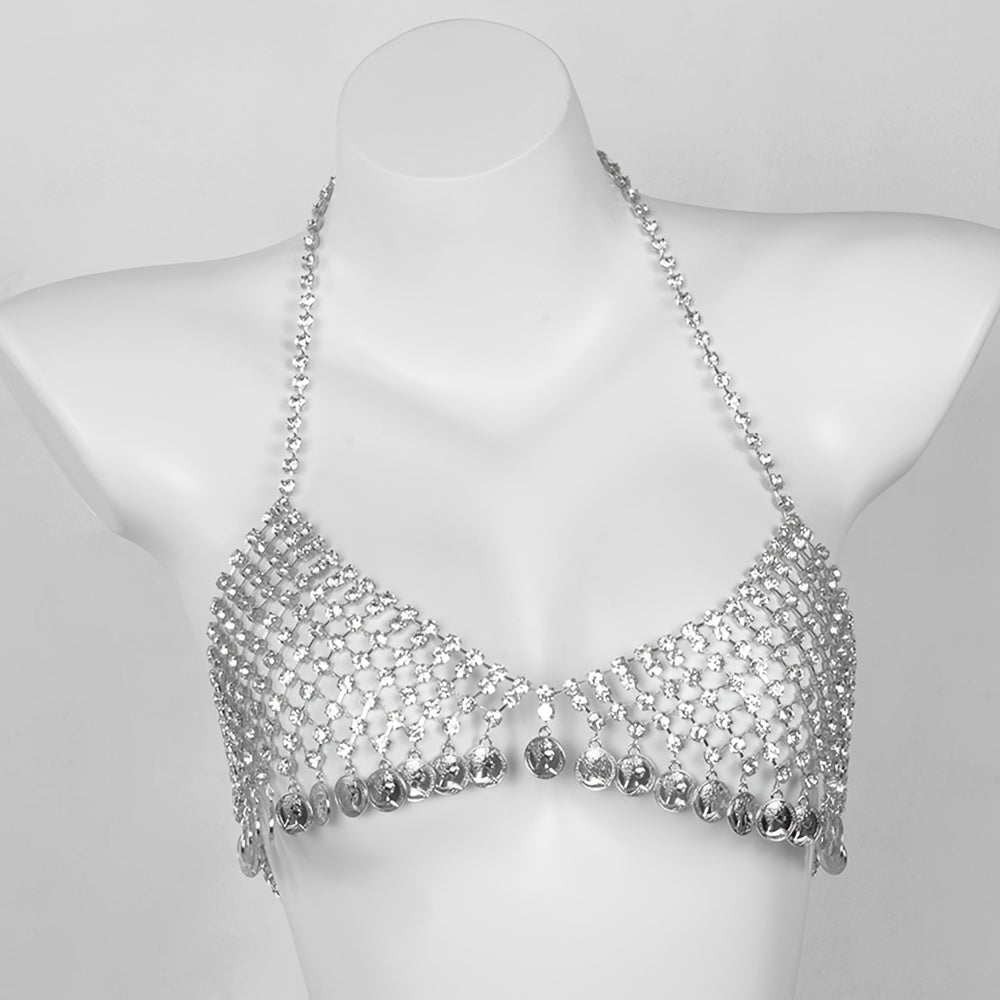 1 Set Bra + Panties Fashion Alloy Full Rhinestone Mesh Women's Bra Body Chain, Round Coin Tassel Pendant Body Chain Suitable for Parties, Music Festivals, Beach Body Accessories