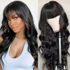 150% Density 100% Brazilian Virgin Human Hair Wig - Long Body Wavy with Bangs, Glueless Full Machine Made, Natural Black #1B - Perfect Gift for Women, New Year, Birthday & Valentine's Day