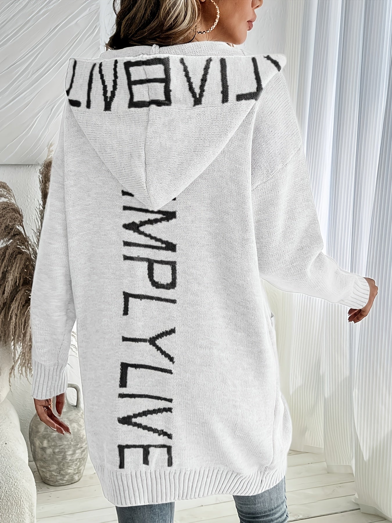 Women's Letter Print Open Front Knit Cardigan - Casual Hoodie Long Sleeve - Cozy Fleece Material - For Fall & Winter - Perfect for Casual Wear & Layering - Ideal Gift for Women