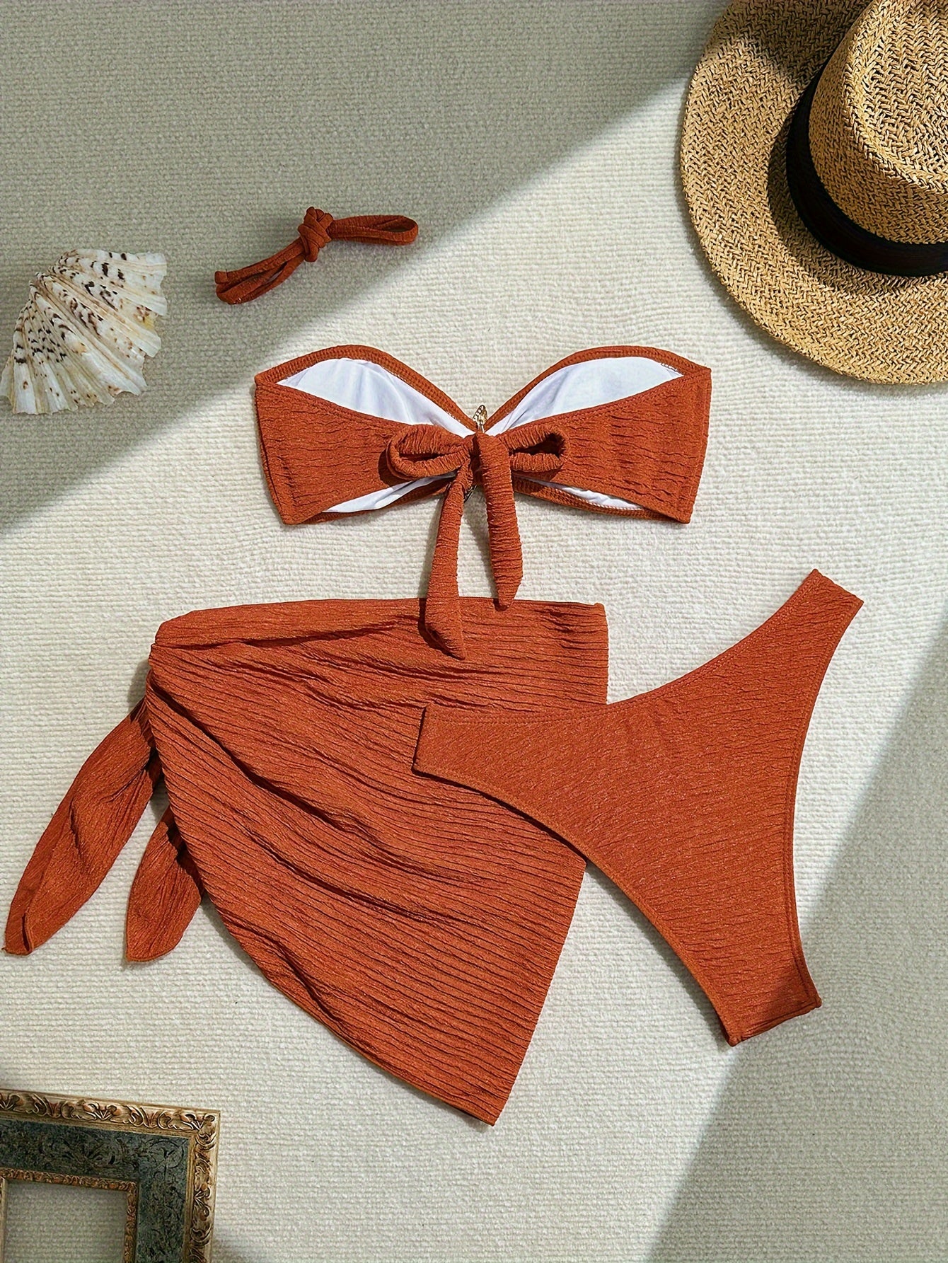 Women'S Sexy Solid Color Bikini Set, 3pcs Knit Fabric Swimsuit with Medium Stretch, Polyester 82% & Elastane 18%, 210gsm - Summer Beachwear