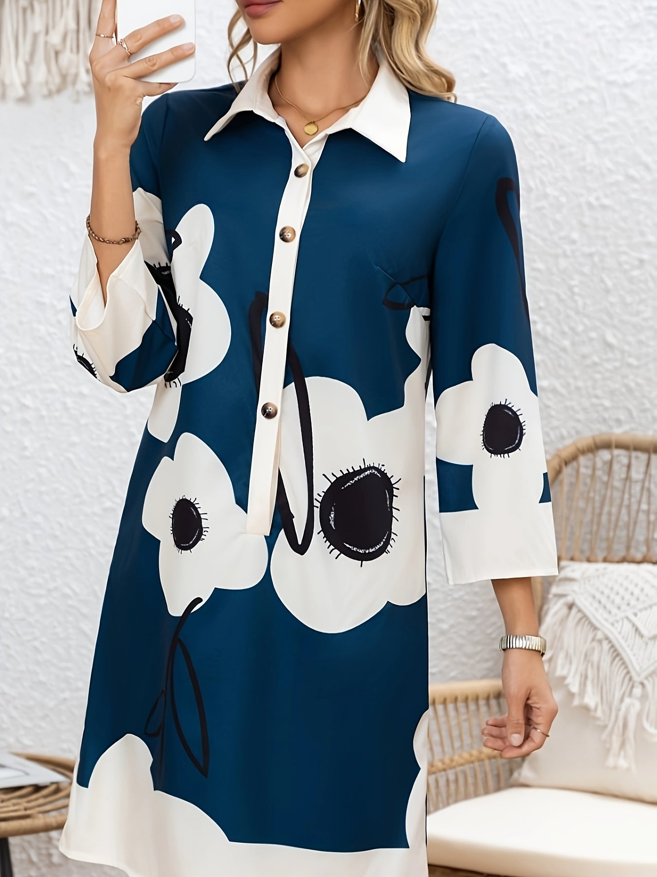 Women'S Elegant Lapel Button Long Sleeve Tunic Dress, Random Print, Polyester, 100g/m², Woven, for Adult, Spring/Summer/Fall