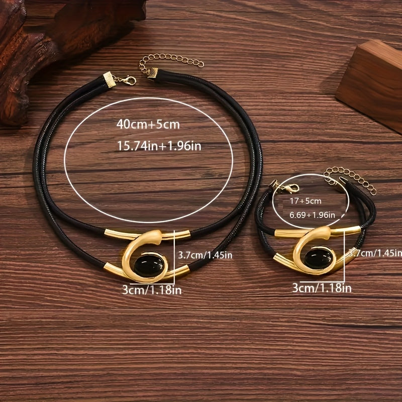 2pcs Bohemian Style Necklace And Bracelet Set Double Black Cord Design Fashion Jewelry Set for Women Party Accessory Perfect Gift