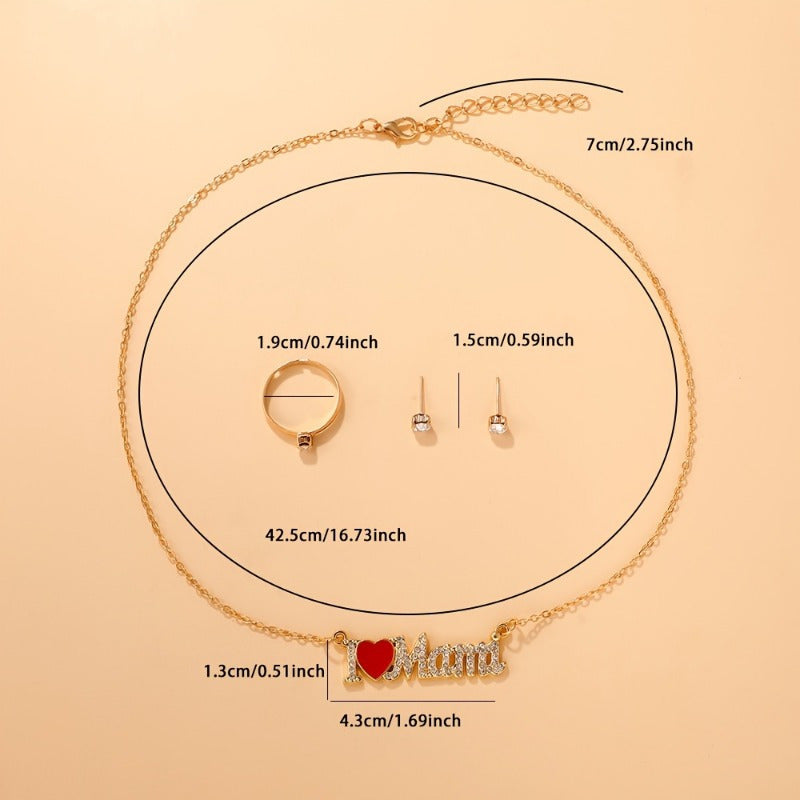 4pcs Bohemian style Women's jewelry set - "I Love Mom" pendant necklace, earrings, and ring combination, perfect for Mother's Day gifts, parties, Teacher's Day/ back to school/ graduation