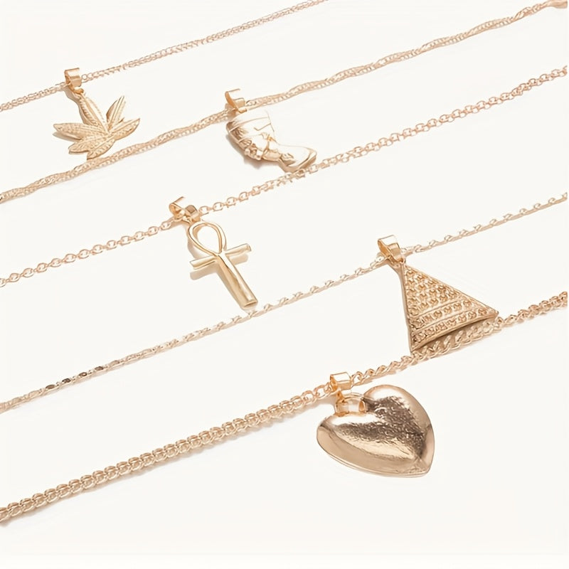 A Set Bohemian Style Multi-layered Necklace Collarbone Chain, Featuring Maple Leaves, Egyptian Pharaohs, Pyramids, And Heart-shaped Pendants - Suitable for Women's Daily Party Fashion Jewelry, Holiday Gifts