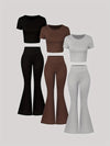6-Pack Women's Casual Slim-Fit T-Shirt & Flare Pants Set – Short Sleeve Round Neck Top & Stretchy Solid Color Homewear for Spring/Summer