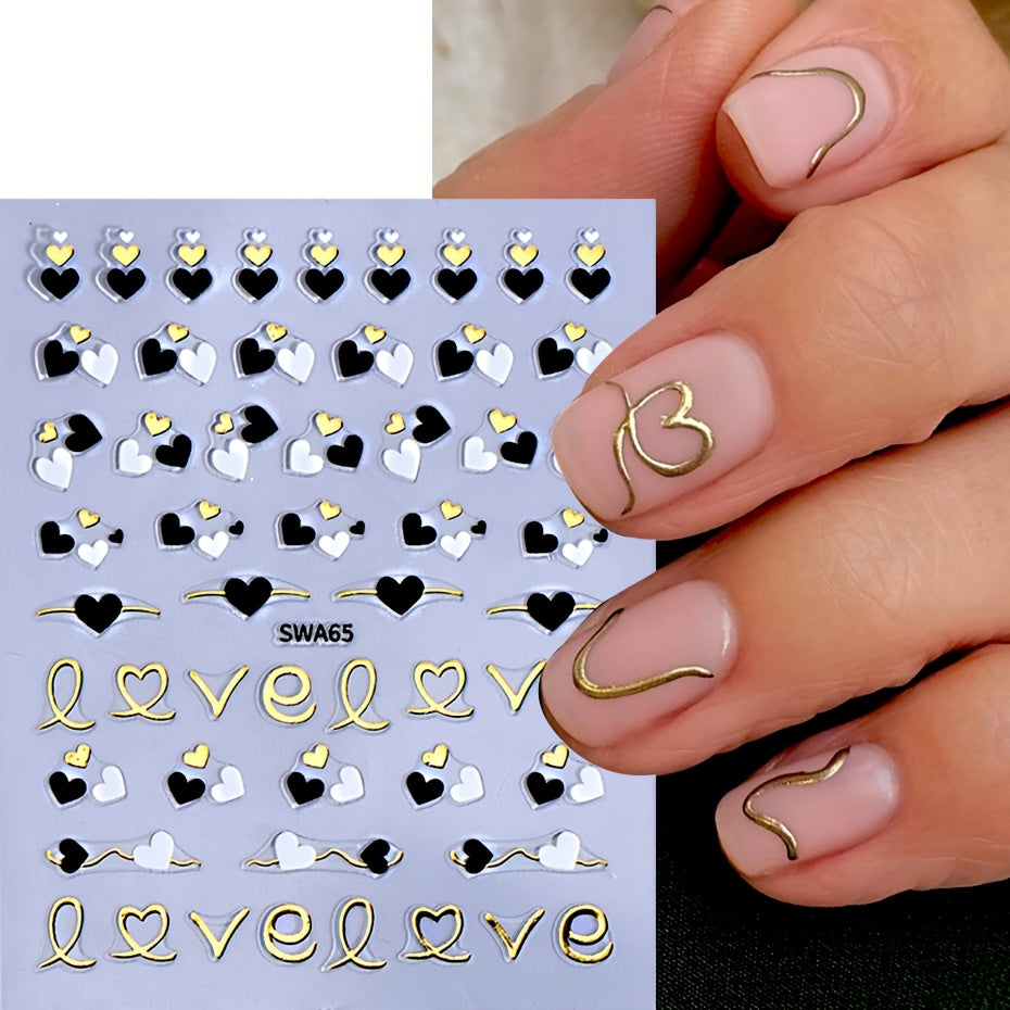 8pcs Rectangle Self-adhesive Glossy Plastic Nail Stickers, Pink Black White, Heart Pattern, Valentine Design, Golden Geometry Wave Lines Stripe Stars, Fantasy Theme, with Glitter, for Manicure Decoration