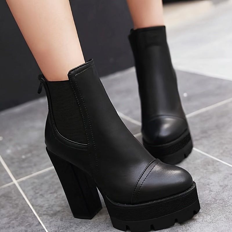 Elegant Women's Mid-Calf Boots with Chunky Heel - Versatile Fashion, Round Toe, Side Zipper, Faux Cover