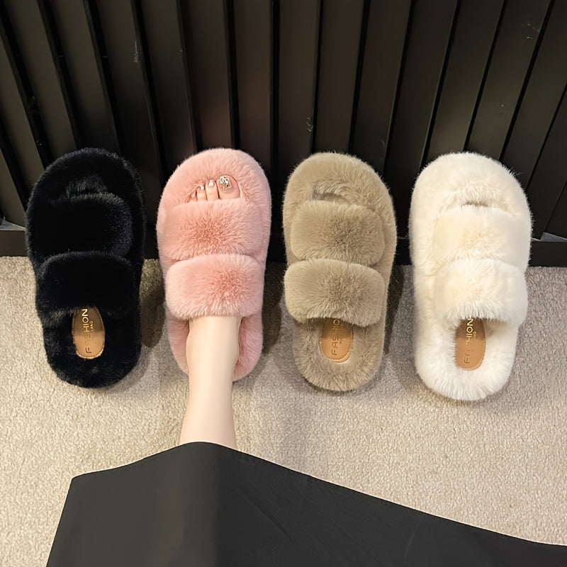 Women's Plush Fleece-Lined Slip-On Slippers with 2.76inch Thick TPU Sole - Cozy Winter Indoor House Shoes in Black, Light Blue, Beige & Brown, Comfortable Loungewear | Casual Slipon | Soft Fabric Construction, House Slippers