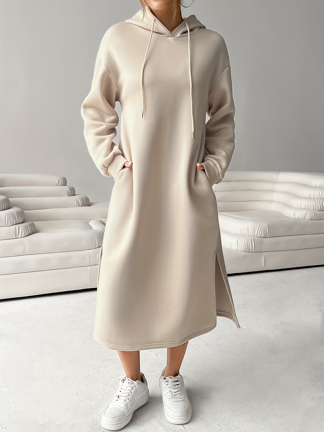 Cozy Letter Print Drawstring Hooded Sweatshirt Dress - Women's Casual Long Sleeve Loose Fit Clothing for Fall & Winter, Soft and Warm Fleece Lined Dress with Adjustable Drawstring Waist