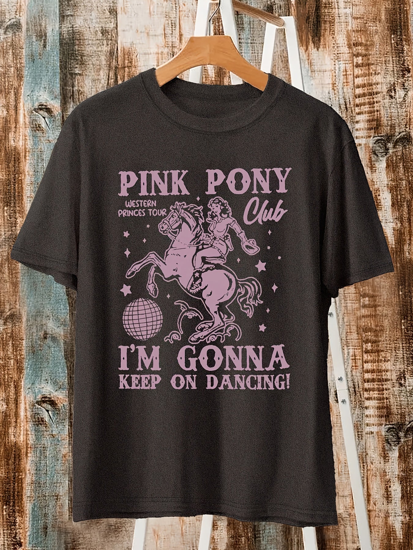 Women'S Pink Pony Club Graphic Tee - "I'm Gonna Keep on Dancing" Print, Casual Crew Neck Short Sleeve T-Shirt, Spring/Summer Fashion Top, Cute and Elegant Styl