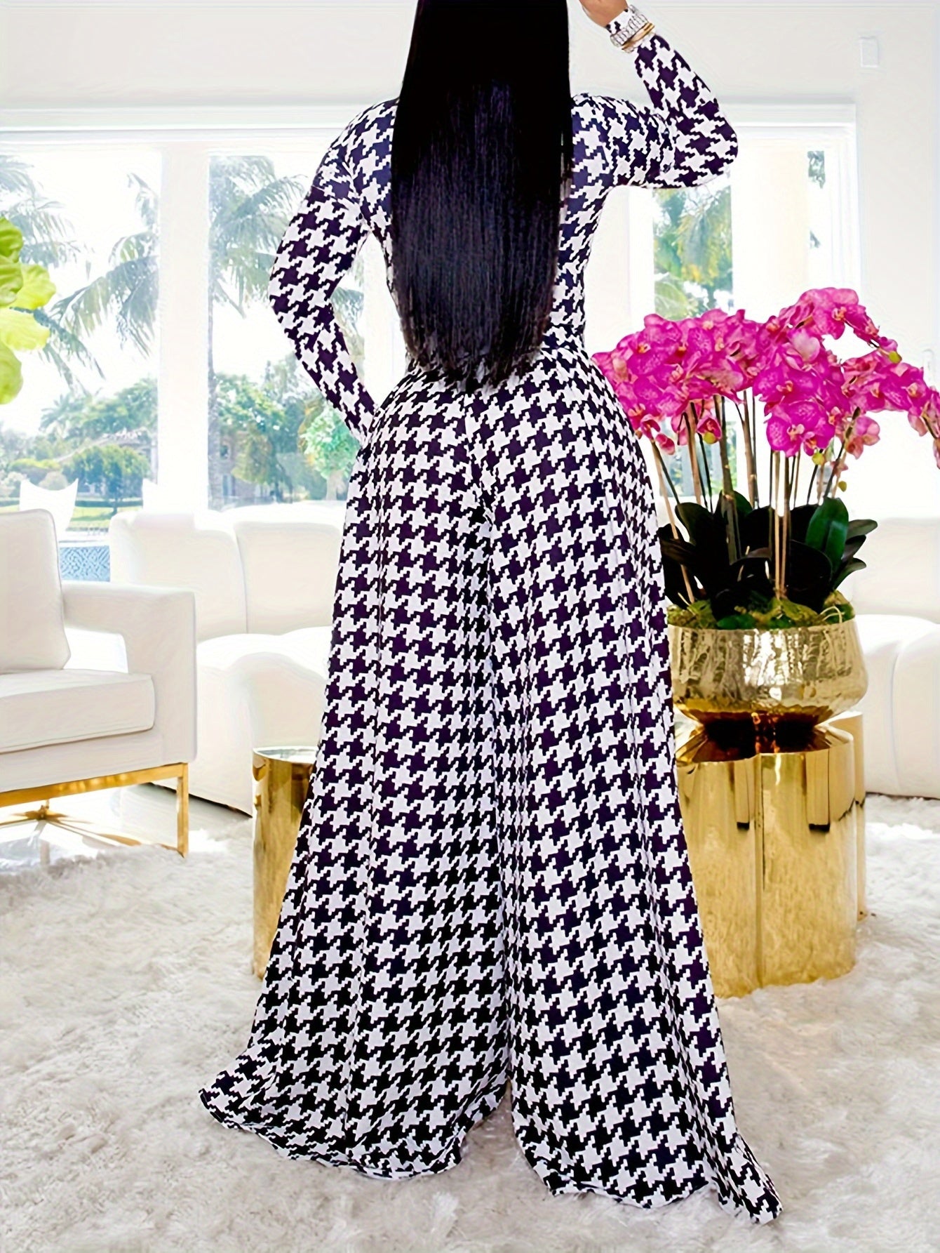 1set Women'S Houndstooth Print Long Sleeve Casual Polyester Knit Pants Suit with Round Neck for Autumn/Winter