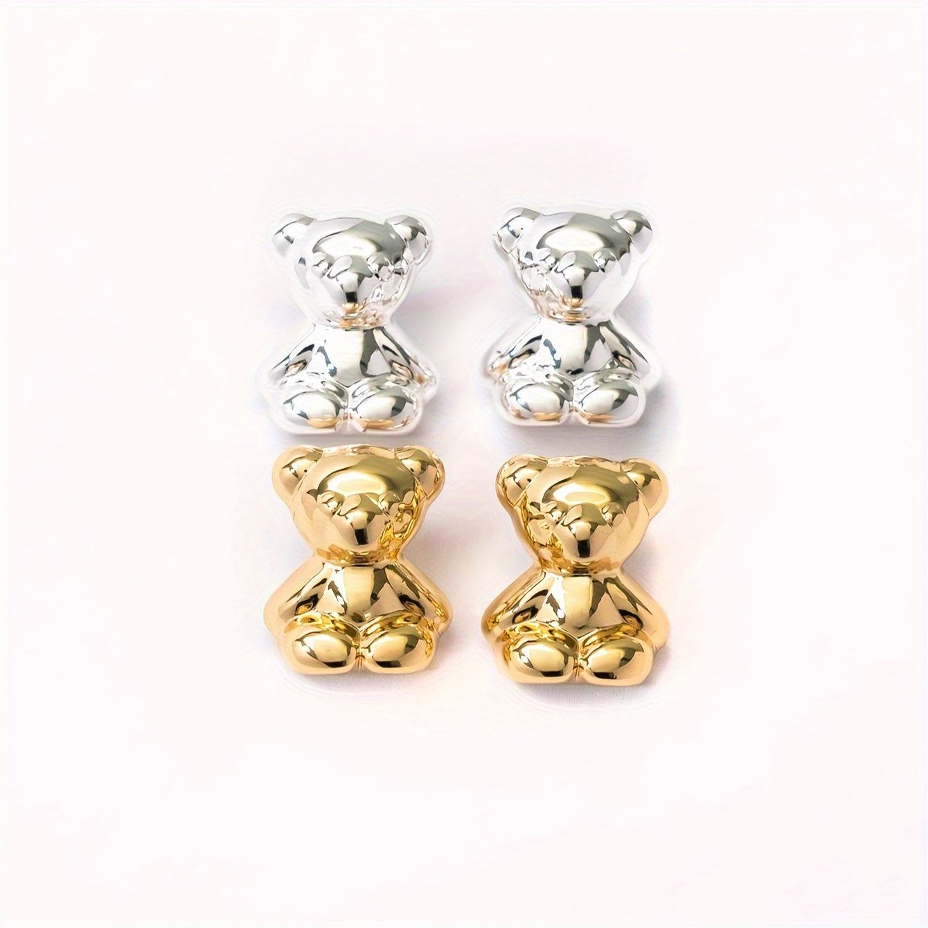 Pair of Chic Golden-Tone Teddy Bear Stud Earrings - Cute K-Style Resin with Stainless Steel Posts, Ideal for Daily Wear & Parties, Versatile Dating Accessory, Valentine's Jewelry|Elegant Earrings|Goldtone Finish, Cute Earring
