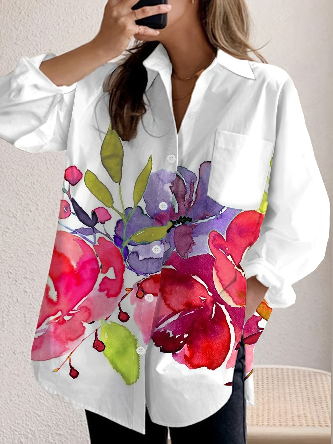 New Women'S Casual Ink Painting Printed Button-Up Long Sleeve Shirt