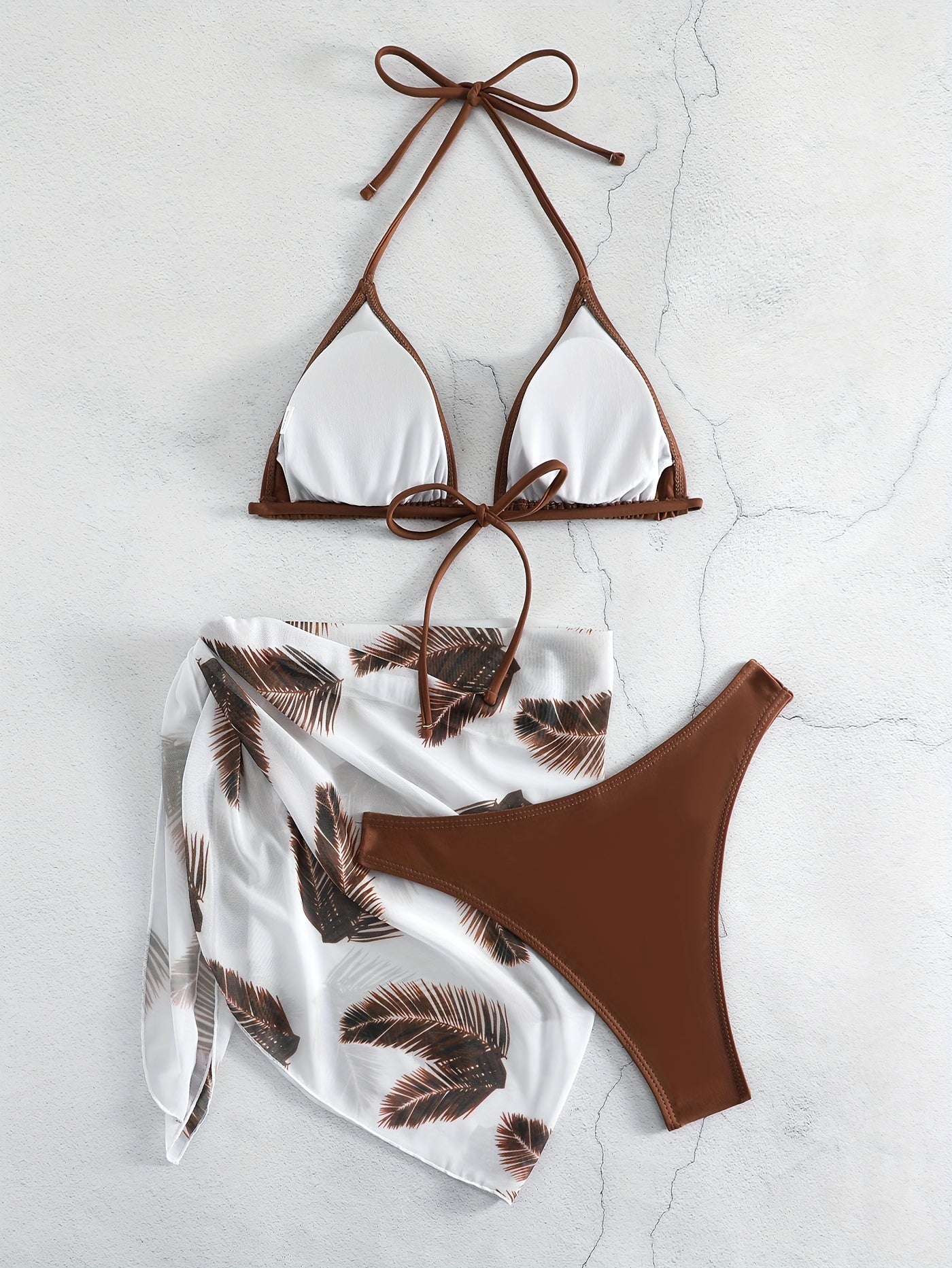 3-Piece Feather Print Bikini Sets, Halter Neck Tie Back Backless High Cut With Cover Up Wrap Swimsuit, Women's Swimwear & Clothing