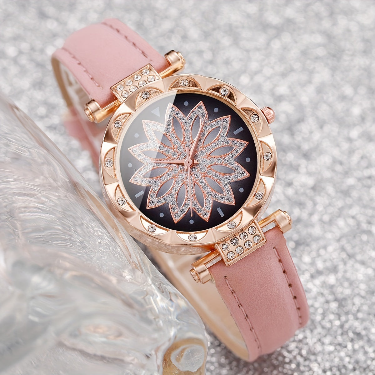 2pcs Women's Fashionable & Simple Flower Petal Quartz Watch With Bracelet Set Includes Watchband And Bracelet No Watch Box