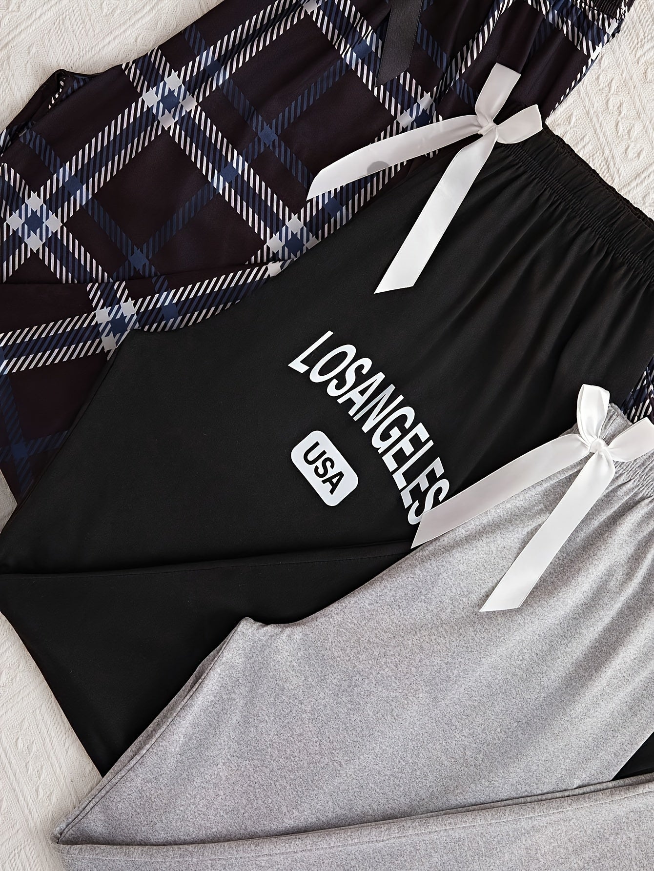 Women's 3pcs Plaid Sleepwear Set - Comfy Polyester & Elastane Blend, Machine Washable, All-Season Lounge Pants