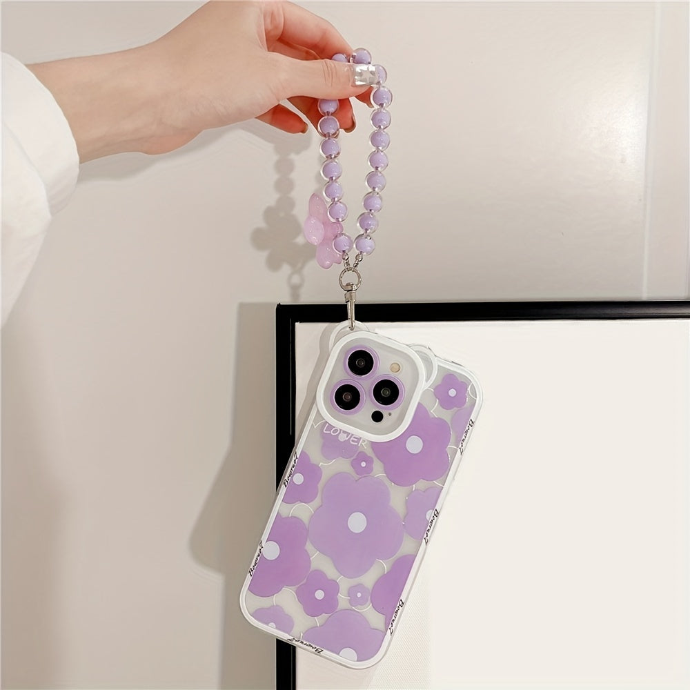 Luxury Cute Transparent Purple Bear Ear Egg Flower Soft Phone Case for iPhone 11 14 Pro Max 12 Pro 13 11 Pro Max 7 8 Plus Clear Cover with Flower Chain Lanyard