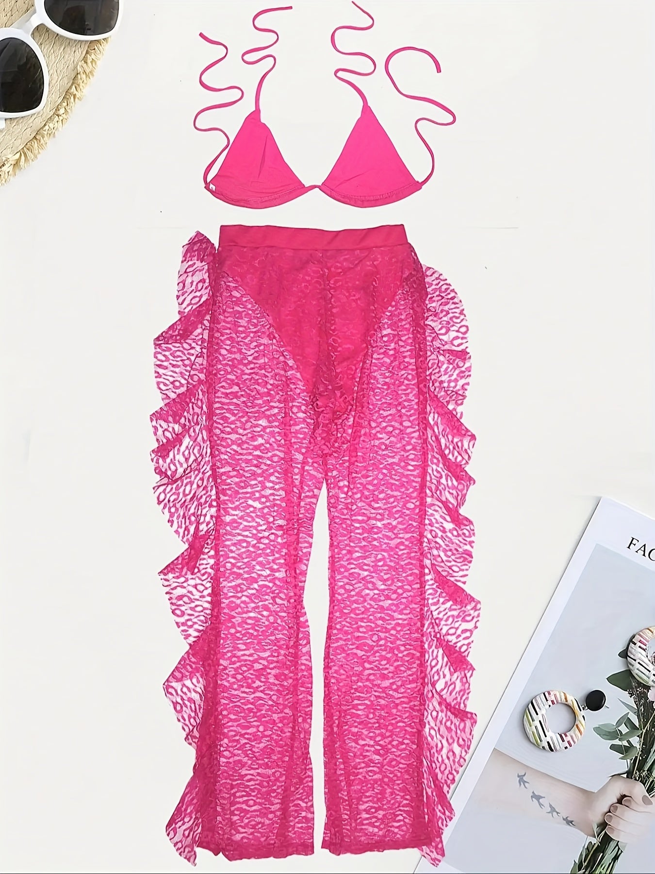 Women's Elegant Blue Lace Two-Piece Set - Off-Shoulder Crop Top & High-Waisted Pants, Breathable Polyester/Spandex Blend, Perfect for Spring/Summer Fashion, Spring Fashion Outfit|Feminine Apparel|Delicate Lace Texture