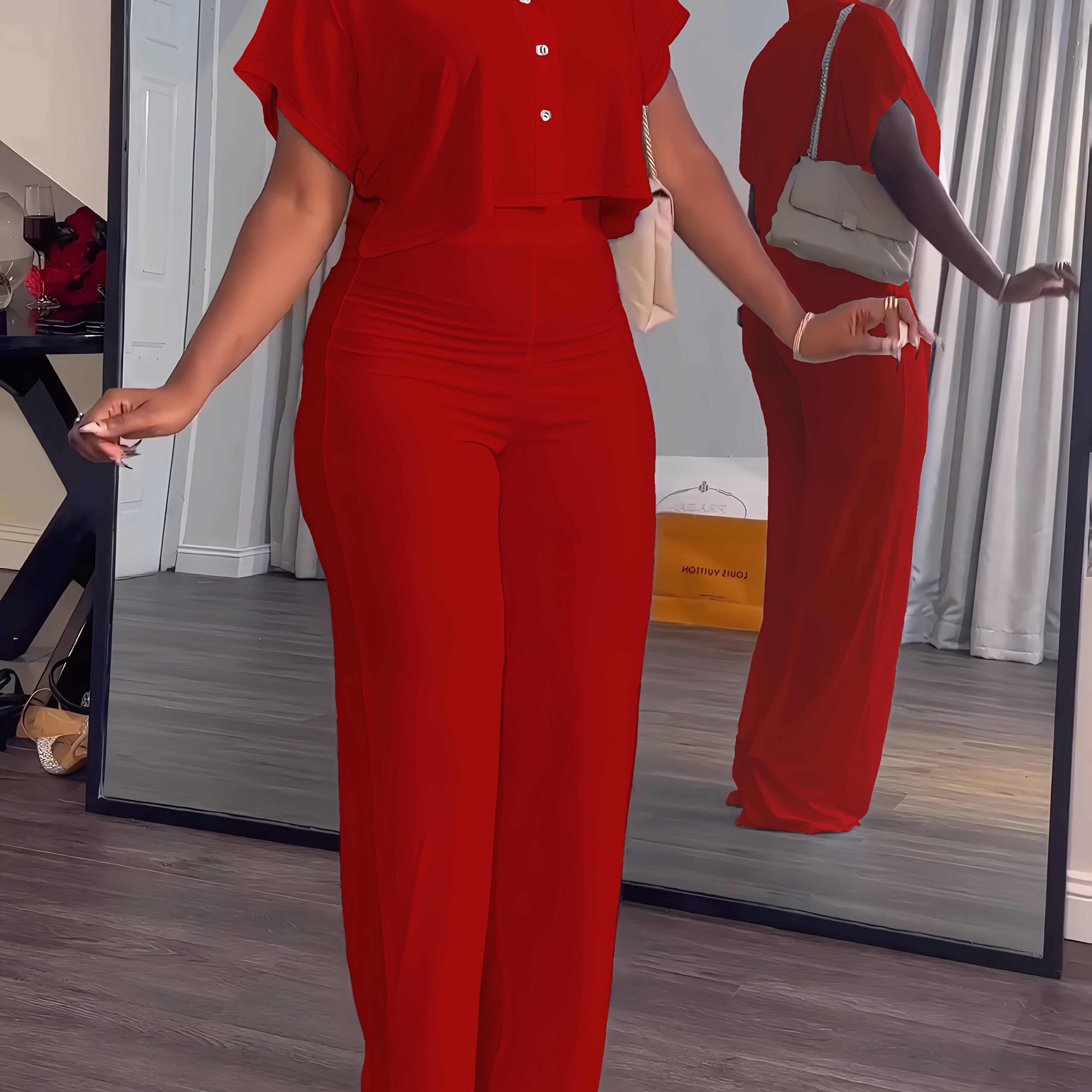 Women's Summer 2pcs Outfits Casual Tracksuit Short Sleeve Button Crop Top Wide Leg Long Pant Lounge Sets
