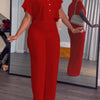 Women's Summer 2pcs Outfits Casual Tracksuit Short Sleeve Button Crop Top Wide Leg Long Pant Lounge Sets