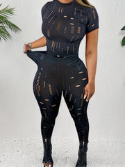 Stretchy Black Summer Ensemble - Ripped Crew Neck Short-Sleeve Top & Leggings Set, Casual Polyester/Spandex Blend, Machine Washable