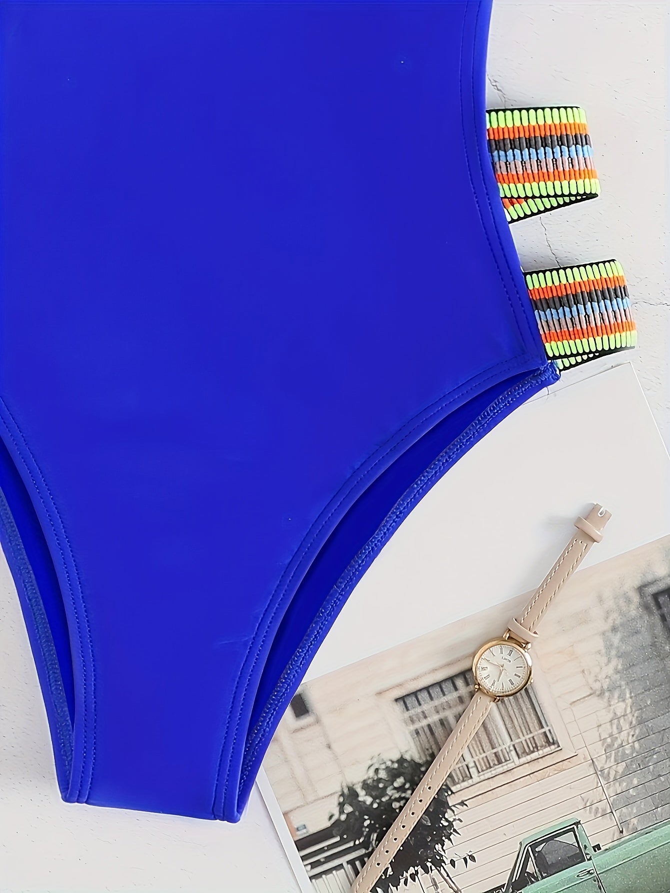 Fashionable Solid Color Swimsuits with Colorful Elastic Bands in Black And Blue, Specially Supplied for Cross-Border Trade.