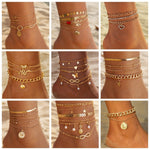 38pcs Bohemian Retro Anklets, Mixed Layered Chain With Star And Heart Pendants, Vintage Cuban Link Beach Vacation Jewelry, Multi-Layered Stackable Foot Chains For Women