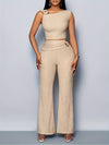 Women'S Elegant Beige Polyester Asymmetrical Neck Top & Flared Pants Set - Solid Color, Ribbed Texture, Belted Waist, Perfect for All Seasons