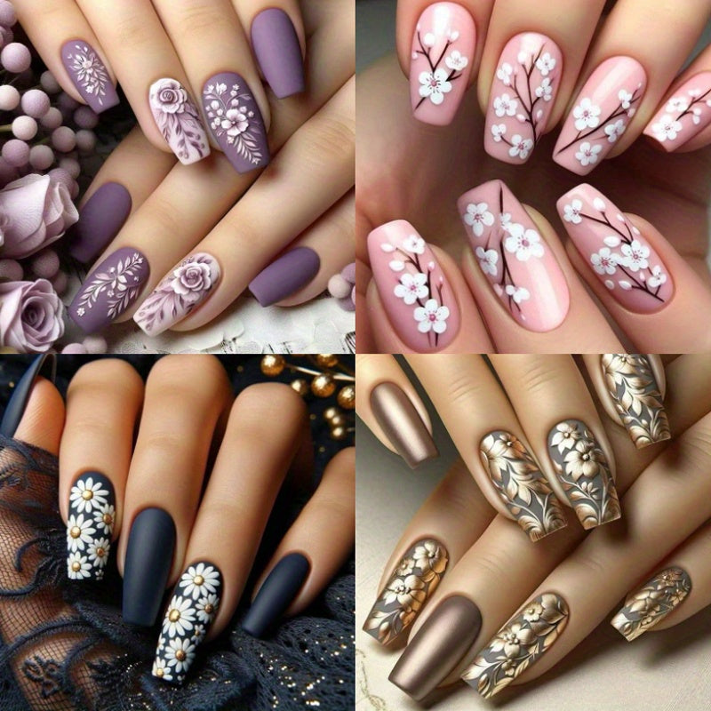 Christmas 96pcs (4pcs) Press-On Nails Set - Medium Length, 3D Flower Glossy Purple Finish with Floral Designs for Fashionable Fall & Winter Looks Christmas gift