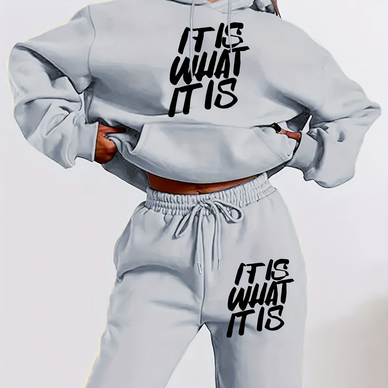 [Geometric Print Hoodie Set] Long Sleeve Geometric Print Hoodie & Jogger Set - Polyester Blend, Machine Washable, Kangaroo Pocket - Women's Casual Fall/Winter