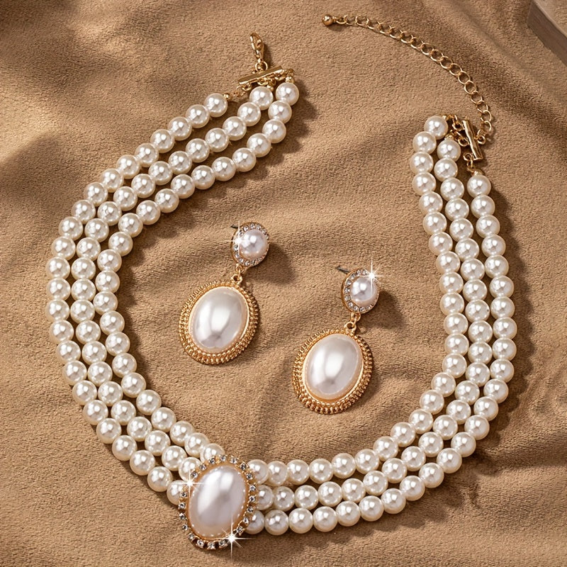 Elegant Pearl Necklace and Earring Set for Women - Vintage Style, Faux Pearl Multi-Strand Design, Ideal for Parties and Daily Wear, Pearl Earrings