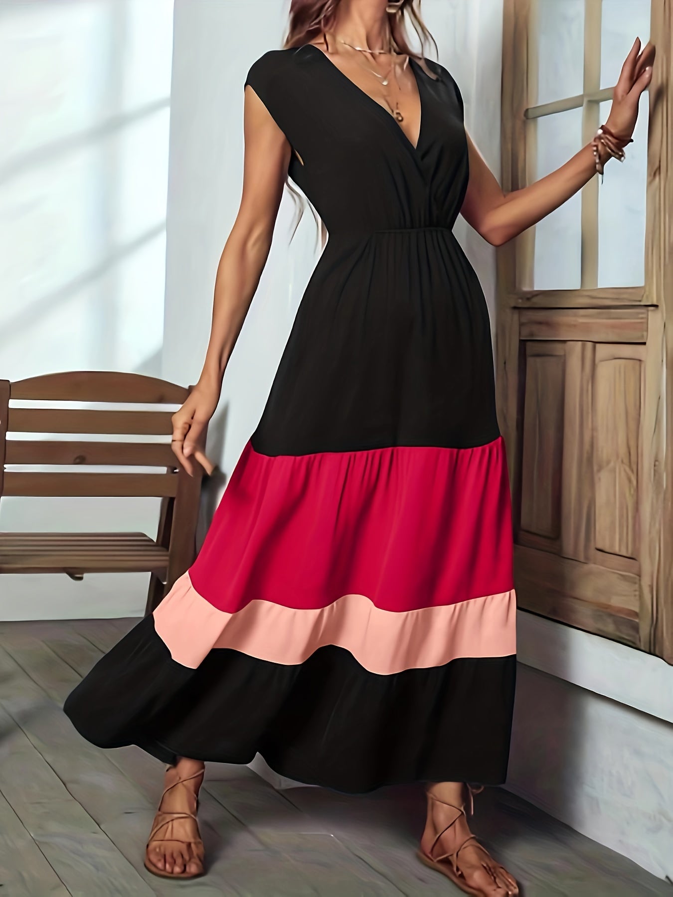 Vibrant Color Block Surplice Neck Maxi Dress - Elegant Sleeveless A-Line Silhouette, Micro Elasticity, Polyester Fabric, Solid Color, Summer Essential - Womens Elegant Clothing for Special Occasions