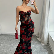 Elegant Two-Piece Set Featuring a Red And Black Rose Print, a Sexy Strapless Long Mermaid Dress.