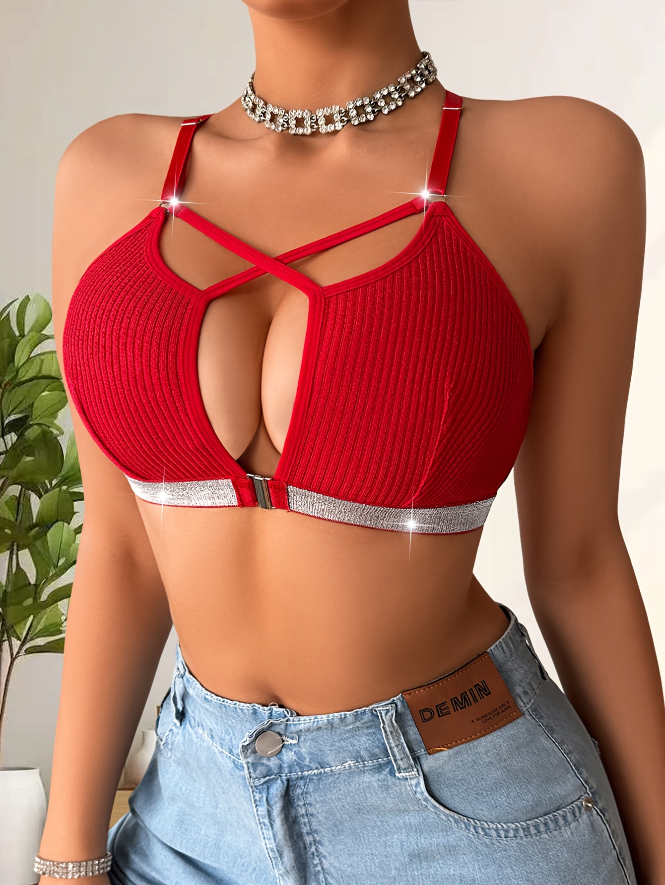 Women's vest with fashionable hollow out design, Silvery panel splicing, beautiful back cross strap, sexy mature charm, comfortable, soft and breathable Women's underwear and underwear