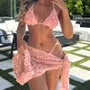 2025 European and American Foreign Trade New Sexy Mesh Flower Three-piece Bikini with Tie Strap Triangle Wrap Women's Swimsuit