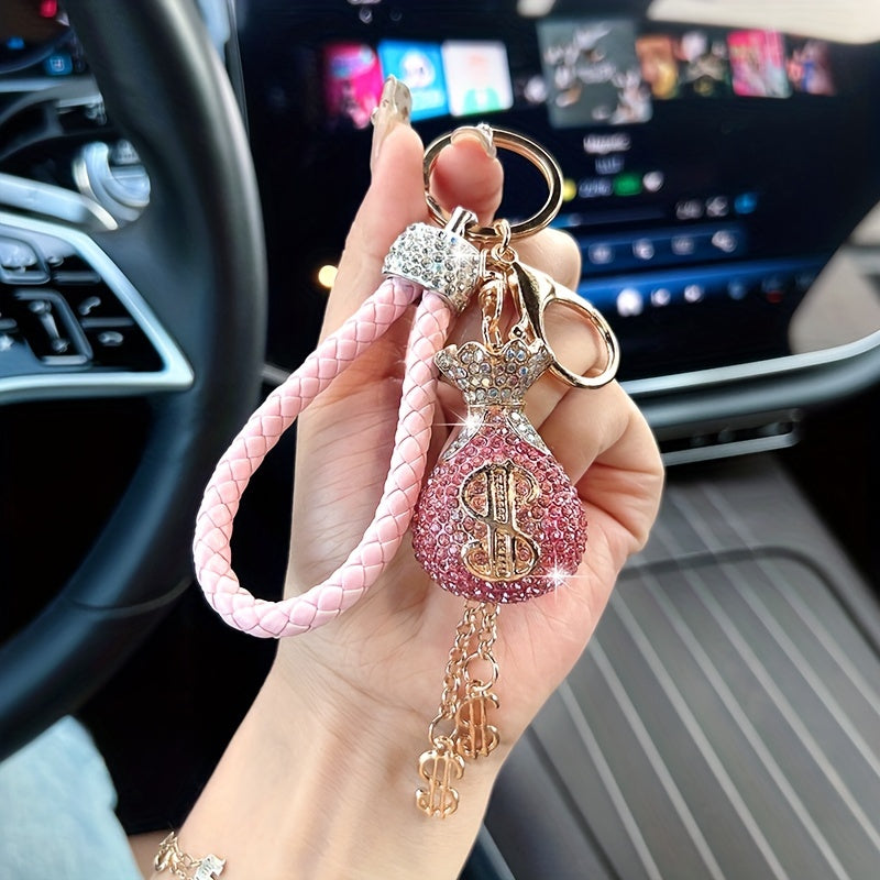 Elegant Alloy & Rhinestone-Encrusted Dollar Sign Keychain with Braided Rope - Sparkling Charm for Car Keys, Bags & Wallets - Ideal Birthday Gift